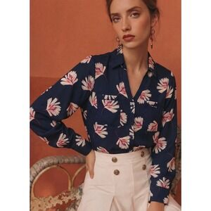 Express Women's Portofino Slim Fit Blue Floral Button Blouse Career Shirt Medium